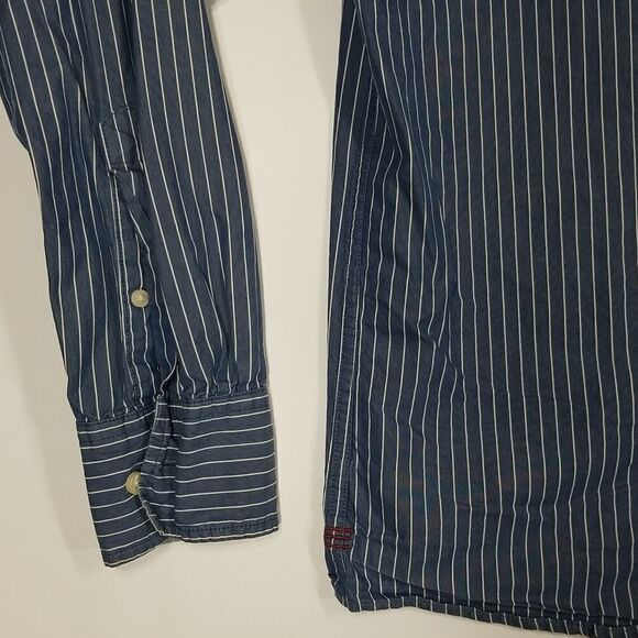 DH3 Shirt Men's Small Long Sleeve Blue White Strip Button Down 100% Cotton - Picture 5 of 11